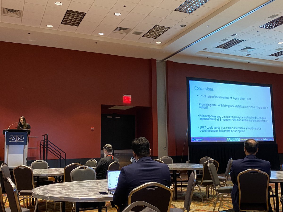 LeCompteMD's tweet photo. Always impressed by rockstar 4th year medical student @palakp97! Listening to her oral presentation on spine SBRT for high grade epidural disease. #ASTRO22 @JHMRadOnc @ASTRO_org https://t.co/gzOyKyB7UX