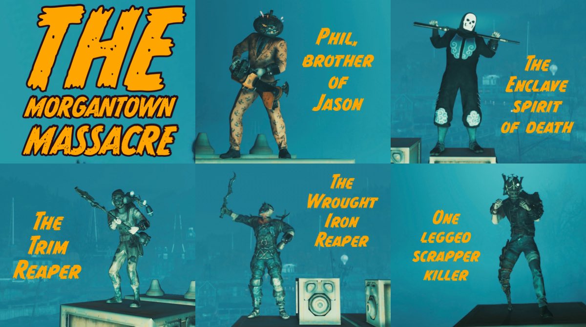 BarnettOfficer's tweet photo. Missing Nuclear Winter? Us too! We built a Halloween custom world and slugged it out serial killer style in the streets of Morgantown. Melee only non legendary fun (and a great excuse to dress up!) #Fallout76 https://t.co/724Erv4WAX