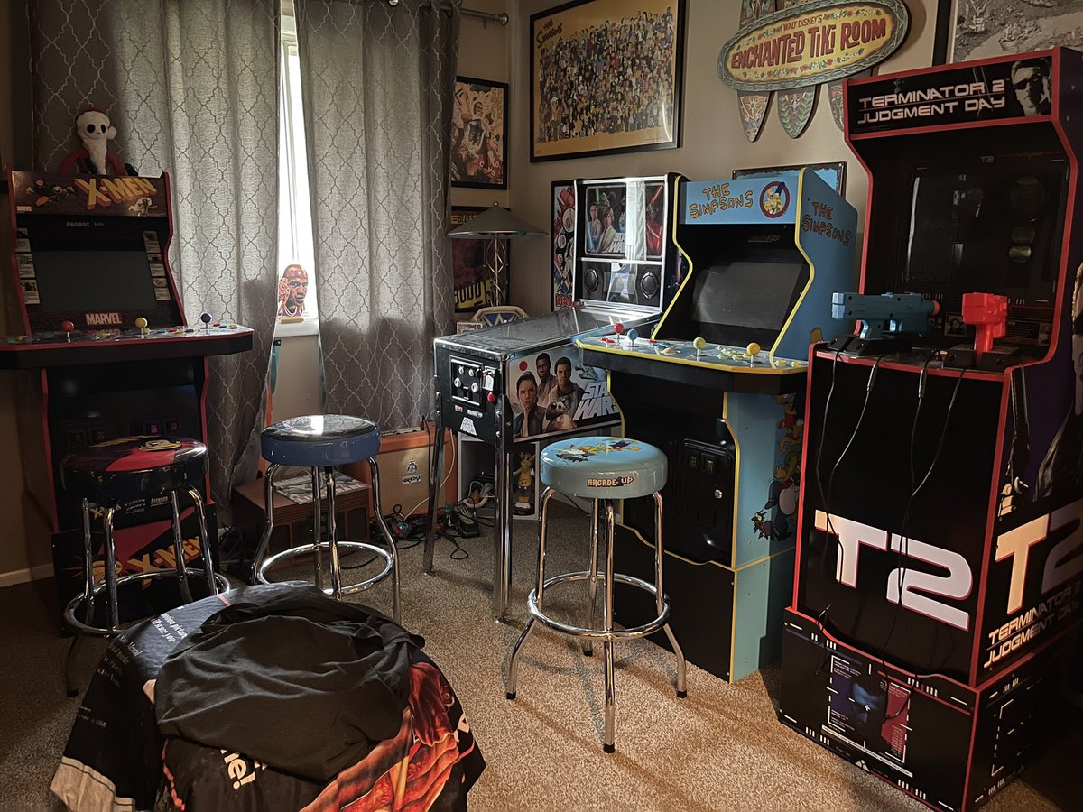 JennL009's tweet photo. it’s an @arcade_1up kind of morning! #xmen #starwars #TheSimpsons #T2 which game do we get next? golden tee or nba jams?! these life decisions are just so hard 🤦🏼‍♀️ https://t.co/qu7VySbfpJ