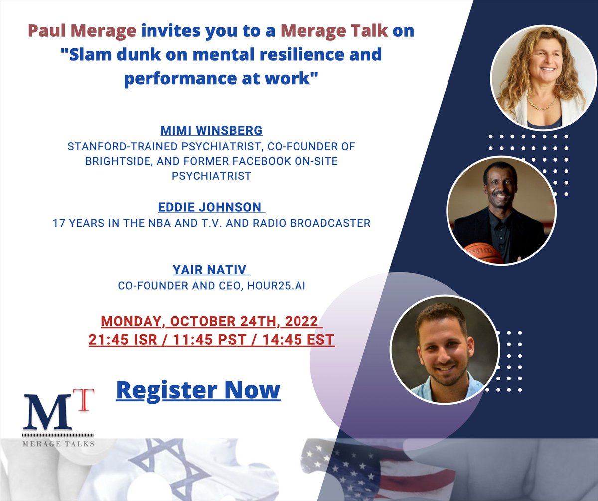 Hour25AI's tweet photo. Save your spot for our MerageTalks discussion tomorrow, October 24, as @mwinsberg, @Jumpshot8 and Yair Nativ share how to score a "Slam dunk on #mentalresilience and #performance at work"  Register here: https://t.co/QssvVAlkGY https://t.co/Q15FXw9smz