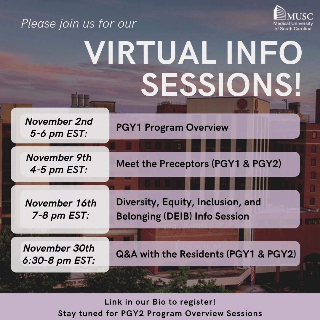 ✔️🗓Mark your calendars and save the dates for our upcoming virtual info sessions! 

Sign up via the link in our bio. All PGY1 and PGY2 candidates are welcome. We hope to see you there! 🎉