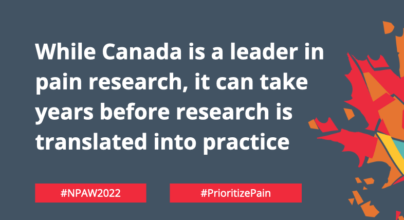 CanadianPain's tweet photo. While Canada is a leader in pain research, it can take years before research is translated into practice. We need more knowledge translation initiatives to advance the way pain is understood and treated in the real world. #NPAW2022 #PrioritizePain https://t.co/WziEpKsLU8