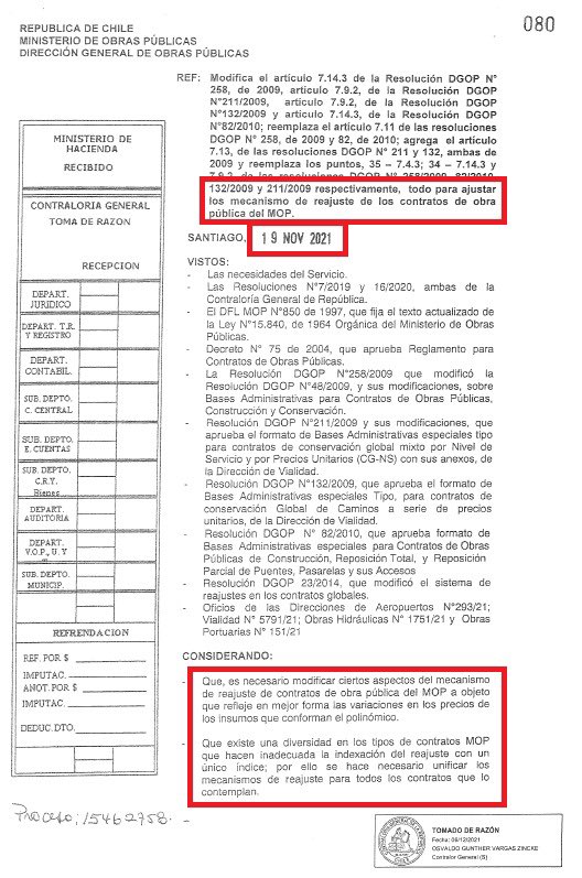 jqndaga's tweet photo. Ministro, cuente la historia completa. En noviembre de 2021 el MOP emitió una Resolución que incorporó el reajuste polinómico en los nuevos contratos para hacer frente al alza de los precios de insumos de construcción. Ya había un avance importante en la materia. https://t.co/7jUmD4q93e