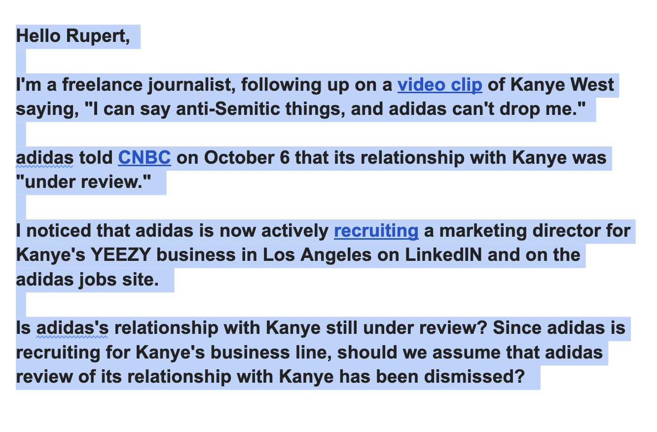 Nancy Levine Stearns 🟧 on Twitter: "Rupert Campbell is President of @adidas  North America, headquartered in Portland, Oregon. I emailed @RGC_1 the  inquiry below about #adidas's relationship with Kanye West. I have