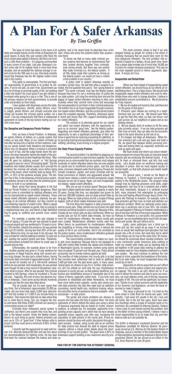 TG4AG's tweet photo. Check out my full-page ad in today’s @ArkansasOnline that outlines my plan for a safer Arkansas: add much-needed prison capacity, fix our #ParoleProblem, & rehabilitate offenders. Look forward to working with the legislature & @SarahHuckabee to make our state safer! #arpx #arleg https://t.co/OAEmrN3JCM