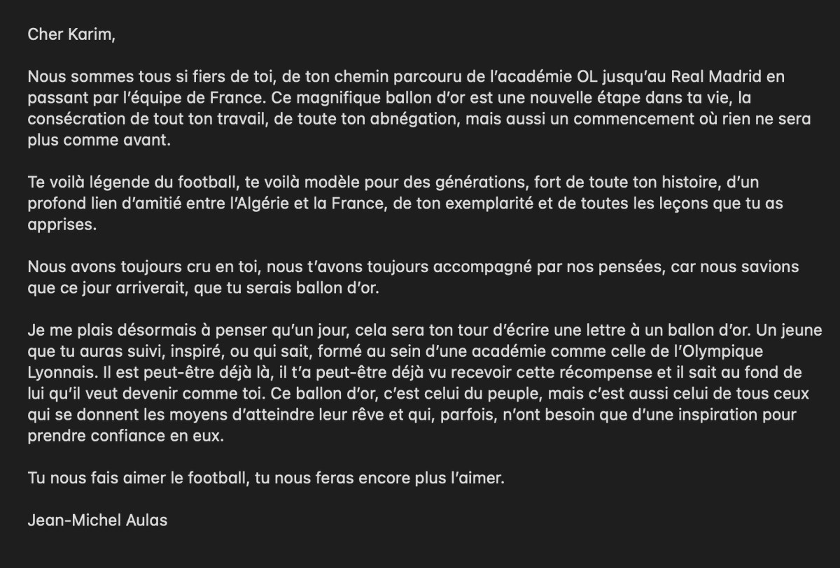 Cher Karim, nous sommes tous si fiers de toi...
Ce magnifique ballon d’or est une nouvelle étape dans ta vie, la consécration de tout ton travail, de toute ton abnégation, mais aussi un commencement où rien ne sera plus comme avant...

marca.com/futbol/real-ma…