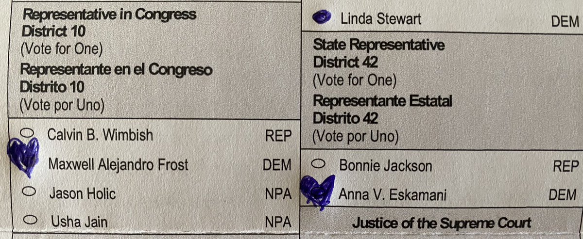 Filling in my sample ballot to take the polls and honestly I wish I could ❤️ candidates like <a href="/MaxwellFrostFL/">Maxwell Alejandro Frost</a> &amp; <a href="/AnnaForFlorida/">Rep. Anna V. Eskamani, PhD 🔨</a> for real. So happy to vote FOR someone and their platform. Thank you both for all that you do.