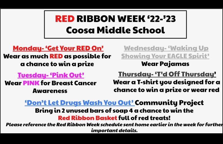 ❗️REMINDER ❗️

Red Ribbon Week is THIS week and kicks off with “Get Your Red On” tomorrow. We are also participating in a community project. See all details below!