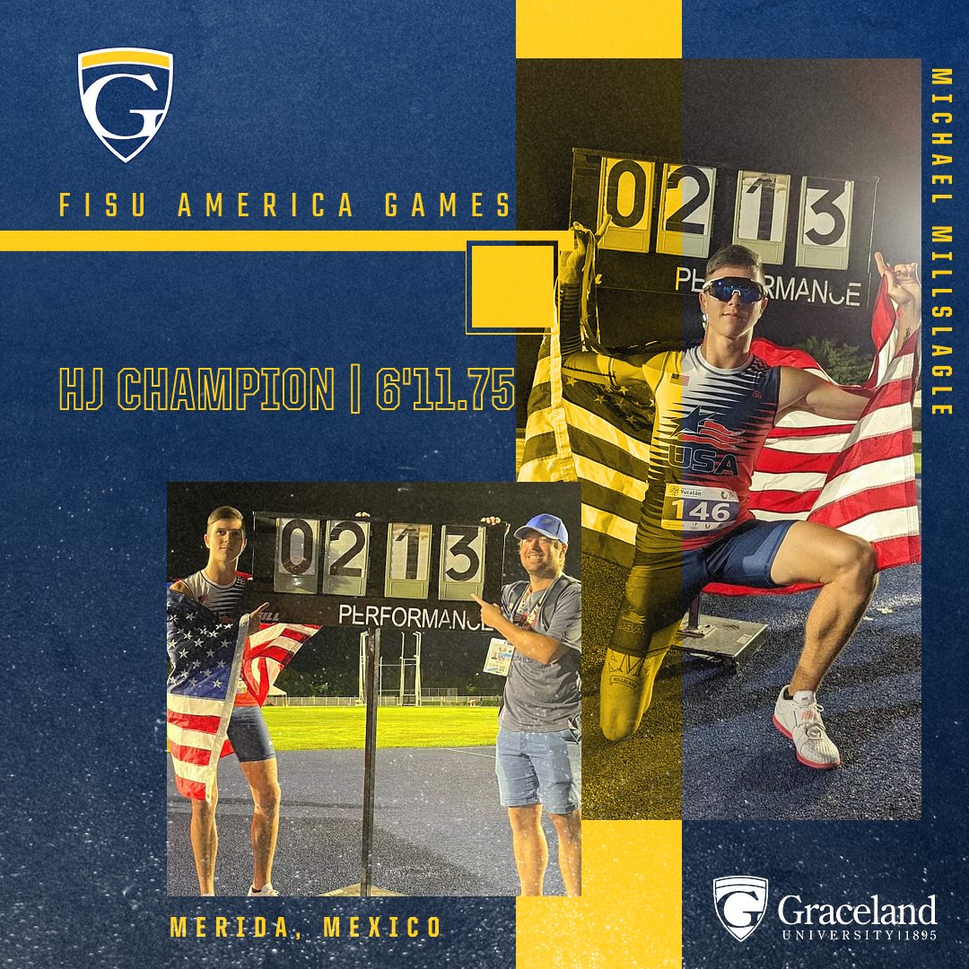 GracelandU_TFXC's tweet photo. Millslagle takes GOLD 🥇 in the men's high jump at the FISU America Games with a jump of 2.13m (6'11.75")

#WeAreGraceland 🐝 https://t.co/W58xJC0l8h