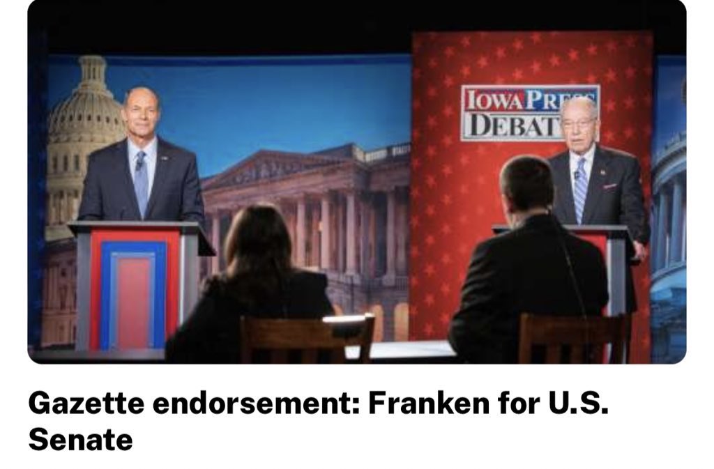 Besides his first race where they made no endorsement, @GazetteInsights has endorsed Chuck Grassley EVERY time. No more. “We certainly thank Grassley for his years of public service. But we believe @FrankenforIowa is the best choice to lead us into the future.” #IASen