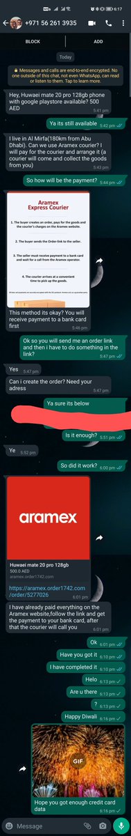 moheshmohan's tweet photo. Tried to post an ad on @dubizzle to sell off my old phone. I got a message from a scammer who pretends to use @Aramex to get it. i tried to play along, waiting for him to share the link to enter credit card data; and i pointed burp intruder on it @Burp_Suite Happy Diwali folks https://t.co/ncRmNyNeZi
