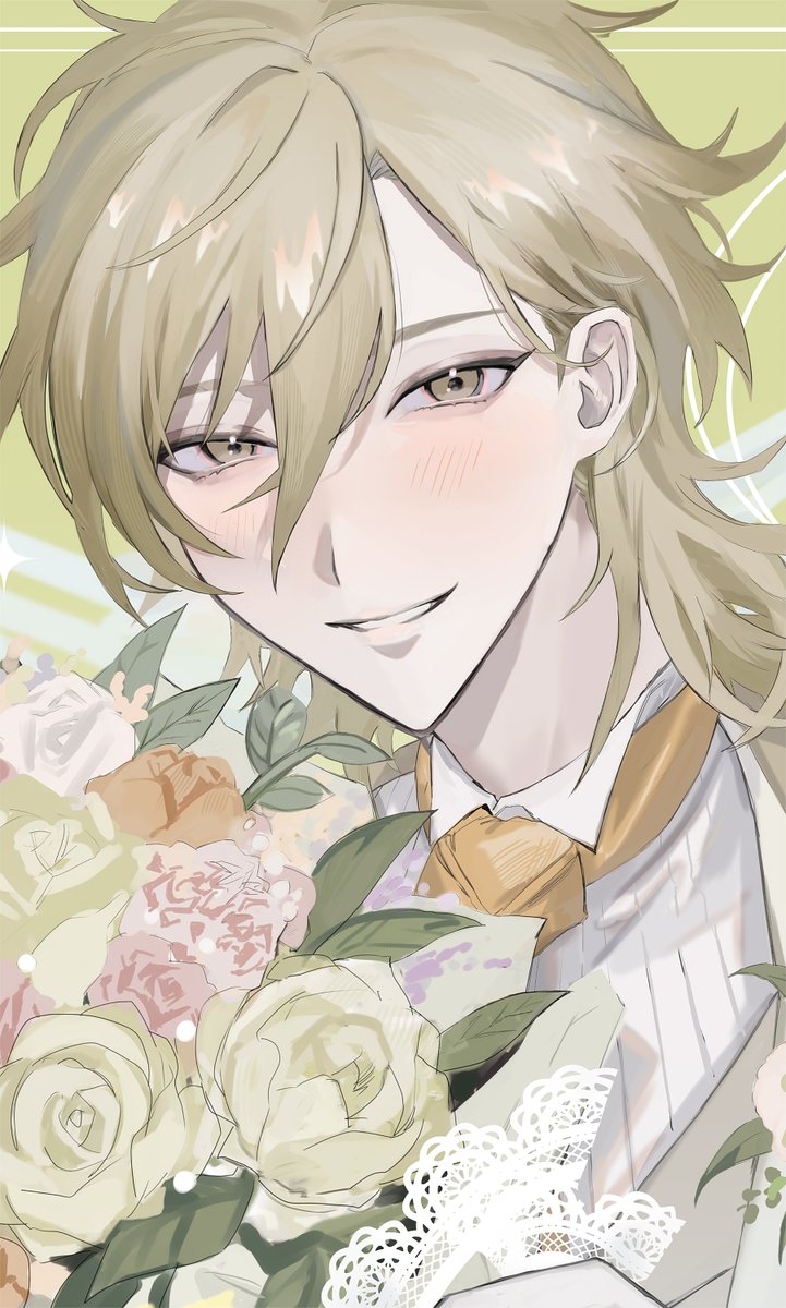 1boy male focus flower solo bouquet looking at viewer smile  illustration images