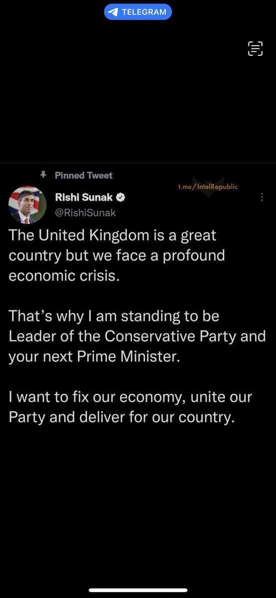 ⚡️Former British Finance Minister <a href="/RishiSunak/">Rishi Sunak</a> who LOST to <a href="/trussliz/">Liz Truss</a> in previous bid for post of UK Prime Minister, announces he will RUN to be PM

Earlier, former disgraced PM “Bojo” <a href="/BorisJohnson/">Boris Johnson</a> said that he will gladly be again the #UK vassal servant representative of the #US
