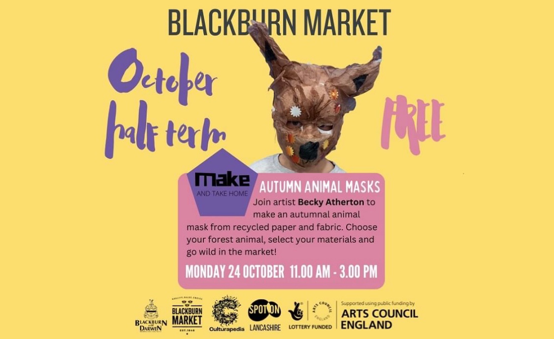 Join artist Becky Atherton tomorrow 11am-3pm at Blackburn Market Hub to make an autumnal animal mask from recycled paper and fabric. Choose your forest animal, select your materials and go wild in the market!

#blackburnmarket #HalfTerm