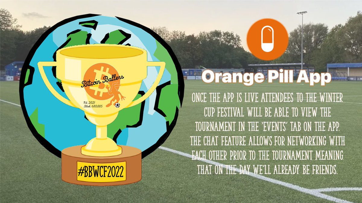 JosiasCarbon's tweet photo. 📣#PartnershipAnnouncement📣 
The ₿itcoin ₿allers Winter Cup Festival 2022 will be listed as a #Bitcoin event on @cluborange 📍📱
Once the app is live you’ll be able to chat/network prior to the tournament and then meet friends irl on the day! 🤝🤗
#BBWCF2022 ❄️🏆⚽️🏟🧡 https://t.co/i0xTMTVeXy