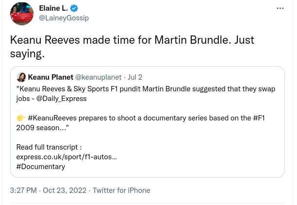 HollyRuston's tweet photo. Meanwhile #keanureeves #MartinBrundle @MBrundleF1 #F1GP #Driven2 #BradPittIsAnAbuser
https://t.co/zCucL4krSj https://t.co/5TcoVcmvbF