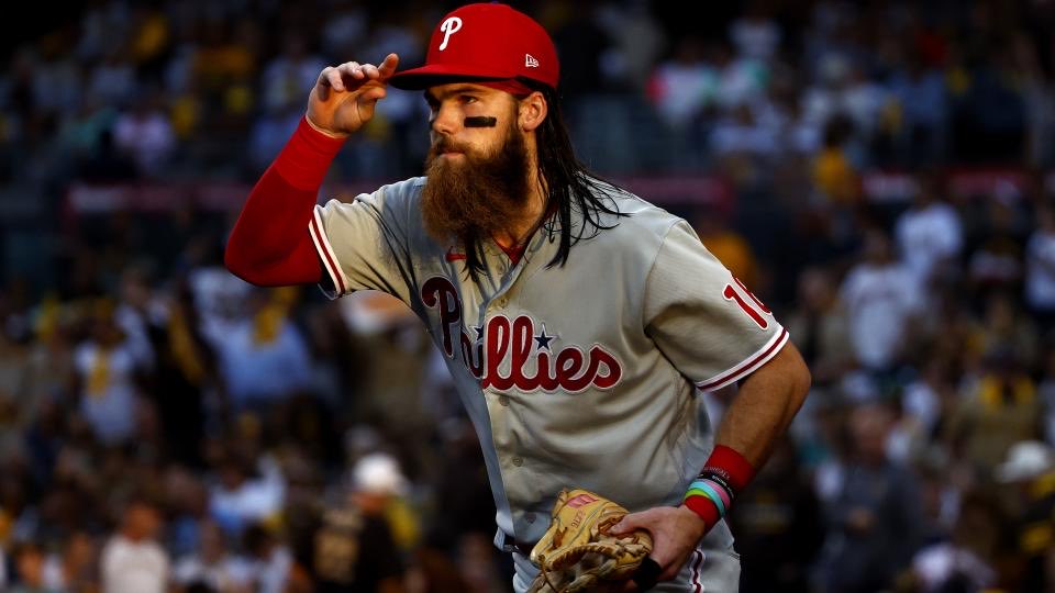 JeffMcDev's tweet photo. “This is Brandon Marsh. He’s one of the best center fielders in the playoffs. His only flaw is that his hair has to be sloppy wet at all times.” https://t.co/wTOZBvcLSk