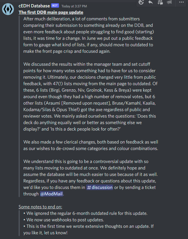 cEDH_DDB's tweet photo. Main DDB Clean-Up Update
https://t.co/Mr1uf3b6LA

[Note: We will not be responding to anything about the DDB on twitter. We'd encourage joining the discord for discussion or to ask for feedback on submissions. Link to discord: https://t.co/tyAs3KCtBd] https://t.co/DqOcNiKlv2