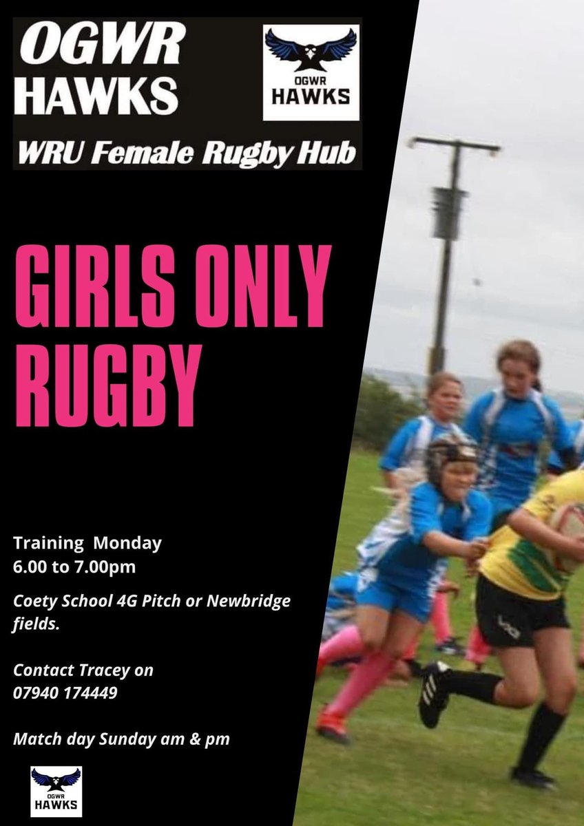 Ogwr Hawks - WRU Girls Rugby Hub. The Official u12 Ospreys 2022 Cup winners & office WRU Female Rugby Hub for Bridgend District,are back training at Coety 4g pitch Parc Derwen.Age 6 to Senior Women. Monday 6 to 7pm contact Tracey Balmer for more info! Match Day Sunday pm 🏉💙💗