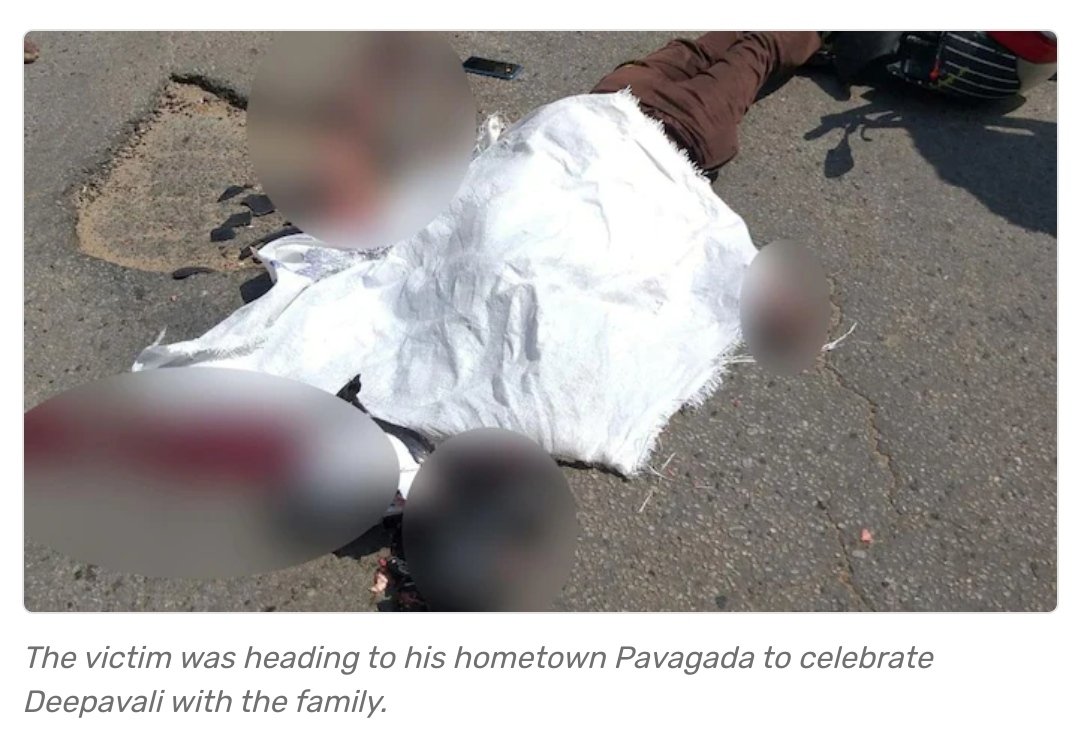 CitizenKamran's tweet photo. Biker crushed to death by lorry on Bengaluru’s pothole-ridden road.

He was heading home for #Deepavali , was crushed to death by a lorry in #Bengaluru

He did not die of accident.
He was killed by @BBMPCOMM and corrupt politicians.

Their sweets taste of blood of this man. https://t.co/Ldu76P5Bjs