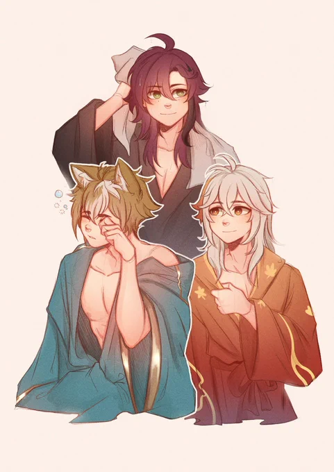 I just realized I never posted this here, so have my favorite boys in some robes#GenshinImpact #Gorou #Kazuha #Heizou 