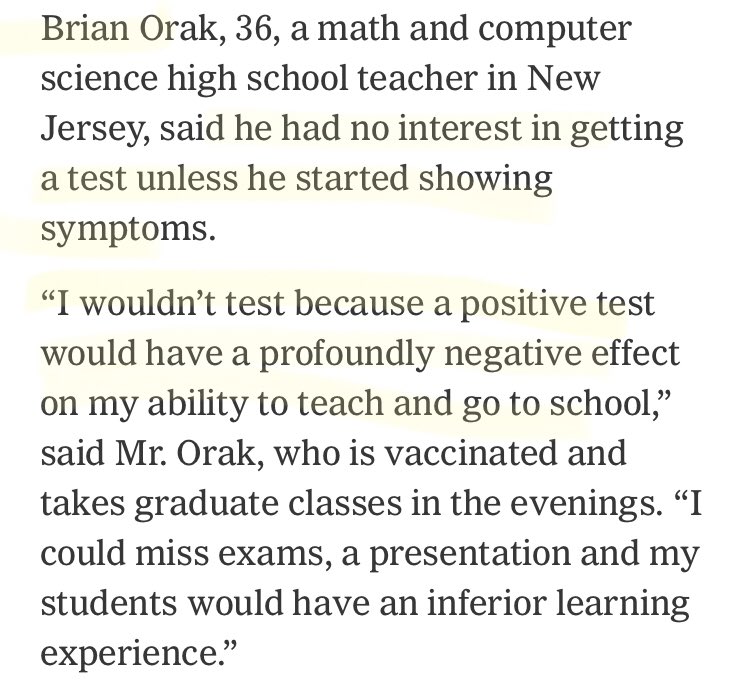 @MindOverColor How do we feel about Brian Orak being quoted in NYT saying he doesn’t wanna get tested for Covid so he doesn’t have to worry about infecting his students? nytimes.com/2021/12/23/us/… nytimes.com/2021/12/23/us/…