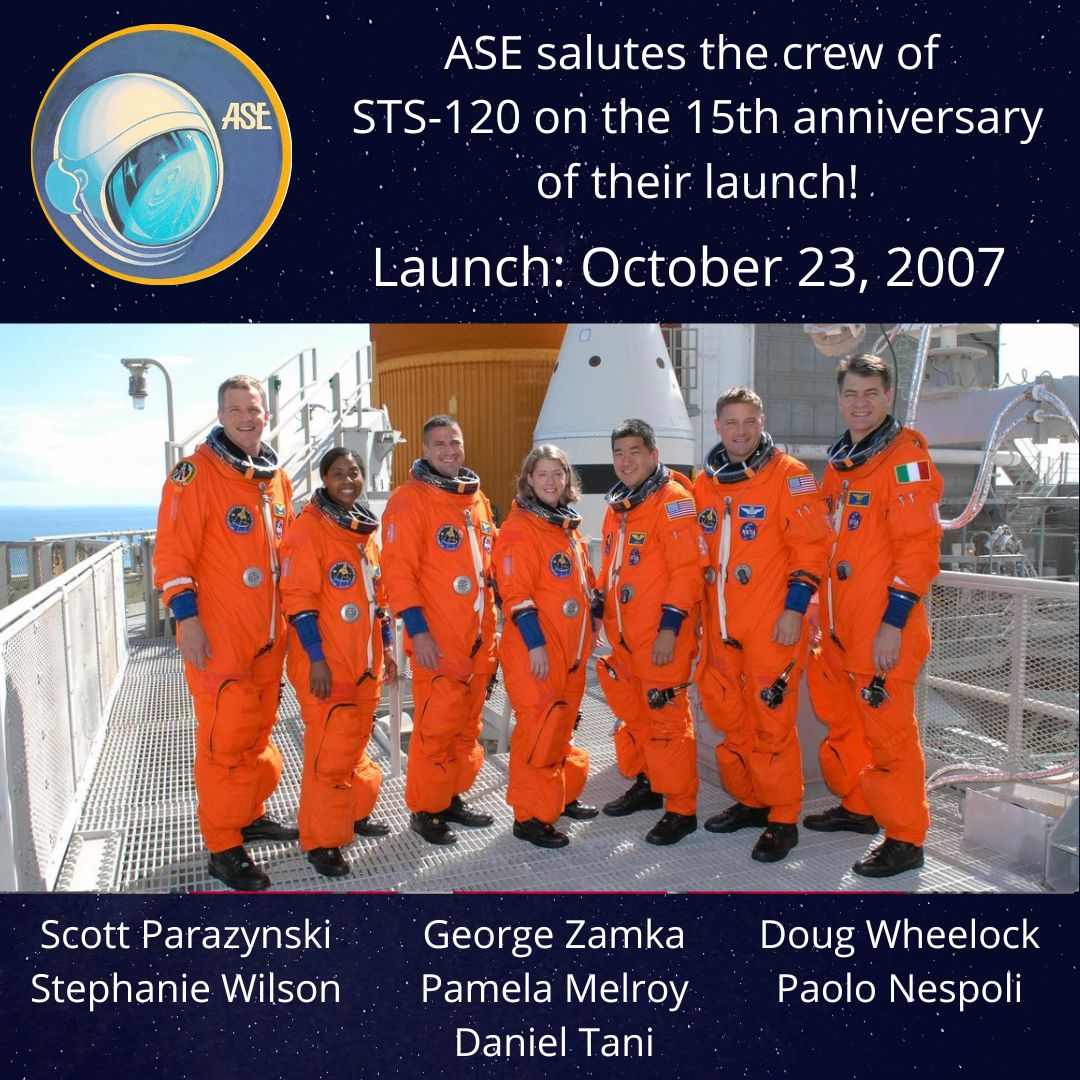 Association of Space Explorers (@ase_astronauts) on Twitter photo #OTD 15 years ago ✨
STS-120 launched on October 23, 2007, with ASE members <a href="/AstroDocScott/">Scott Parazynski</a>, <a href="/Astro_Stephanie/">Stephanie Wilson</a>, George Zamka, <a href="/Astro_Pam/">Pamela Melroy</a>, <a href="/Astro_Tani/">Daniel Tani</a>, <a href="/Astro_Wheels/">Doug Wheelock</a>, and <a href="/astro_paolo/">Paolo Nespoli</a> aboard! #OTD 15 years ago ✨
STS-120 launched on October 23, 2007, with ASE members <a href="/AstroDocScott/">Scott Parazynski</a>, <a href="/Astro_Stephanie/">Stephanie Wilson</a>, George Zamka, <a href="/Astro_Pam/">Pamela Melroy</a>, <a href="/Astro_Tani/">Daniel Tani</a>, <a href="/Astro_Wheels/">Doug Wheelock</a>, and <a href="/astro_paolo/">Paolo Nespoli</a> aboard!