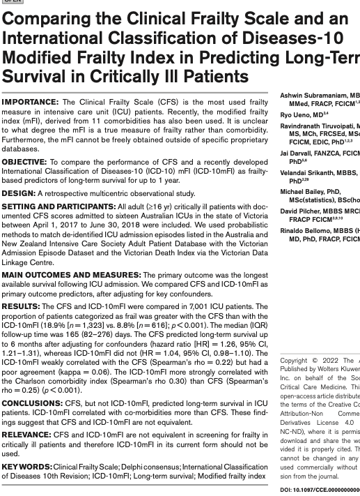 A/Prof Ashwin Subramaniam (@catchdrash) on Twitter photo CFS and ICD-10mFI are not equivalent in screening for frailty in critically ill patients <a href="/Intensive_Ryo/">Ryo Ueno</a> <a href="/IntensiveDave/">David Pilcher</a> @Velandaisrikan1 <a href="/BellomoRinaldo/">Rinaldo Bellomo</a> <a href="/DarvallJai/">Jai Darvall</a> <a href="/anzics/">ANZICS</a> <a href="/CICMANZ/">CICM</a> <a href="/anzicrc/">anzicrc</a> <a href="/Monash_SPHPM/">Monash Public Health</a> CFS and ICD-10mFI are not equivalent in screening for frailty in critically ill patients <a href="/Intensive_Ryo/">Ryo Ueno</a> <a href="/IntensiveDave/">David Pilcher</a> @Velandaisrikan1 <a href="/BellomoRinaldo/">Rinaldo Bellomo</a> <a href="/DarvallJai/">Jai Darvall</a> <a href="/anzics/">ANZICS</a> <a href="/CICMANZ/">CICM</a> <a href="/anzicrc/">anzicrc</a> <a href="/Monash_SPHPM/">Monash Public Health</a>