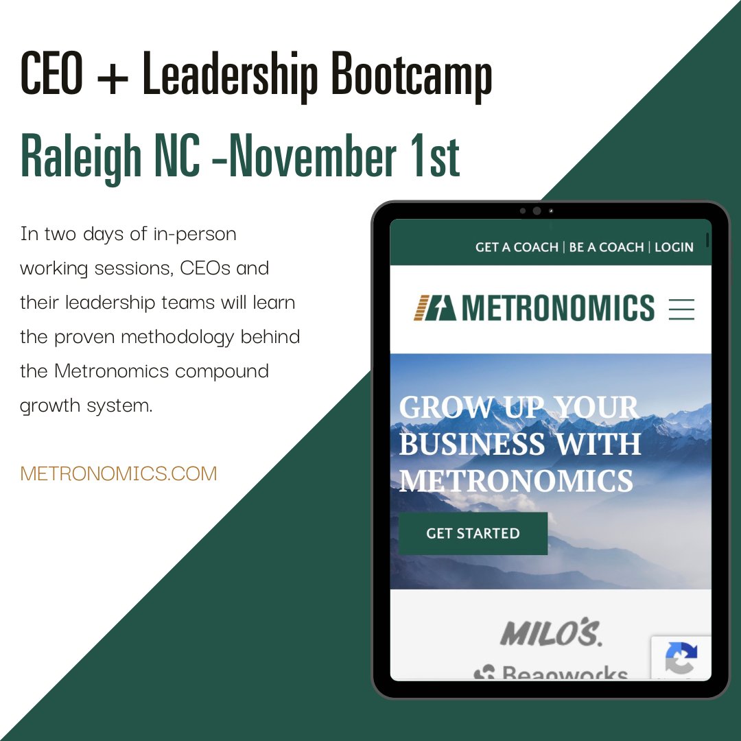 ShanByrneSusko's tweet image. CEO + Leadership Bootcamp in Raleigh, NC
November 1st &amp;amp; 2nd 2022

Come see why Metronomics is loved and used by 1000&apos;s of CEO&apos;s across the World! 🌎

#Metronomics #3HAG #CEObootcamp 

loom.ly/QHHZ-Uk