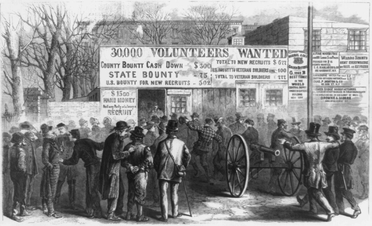 PetersburgNPS's tweet photo. Sun. Oct. 23, 1864 - Bright "Recruits are coming are coming in every day in constantly increasing numbers. Still they are only recruits, and one old three-year soldier is really worth three of them." Col Wainwright, V Corps Chief of Artillery. 
Image: Recruiting for the war (LOC) https://t.co/UZqvlWVBw2