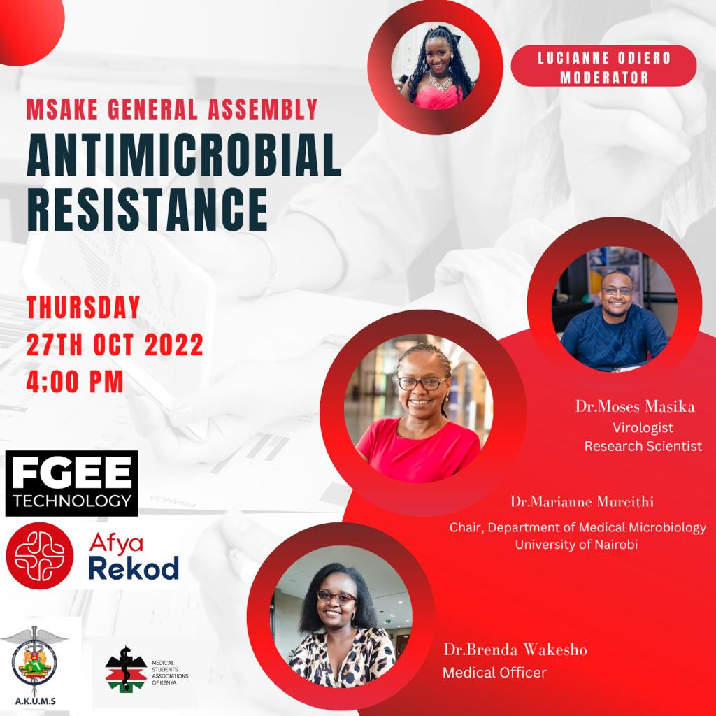 Antimicrobial resistance is one of the most serious global health problem today and we can't have medics together and not talk about it🤷. Meet our panelists who will be taking us through this session.
<a href="/MSAKE_Kenya/">MSAKE</a> <a href="/KenyaMedics_KMA/">Kenya Medical Association</a> <a href="/SCOME_Kenya/">SCOME</a> <a href="/Docmureithi/">Marianne Mureithi</a> <a href="/chinaluc1/">Lucianne☺️</a> <a href="/AMRNowKe/">AMR Now</a>