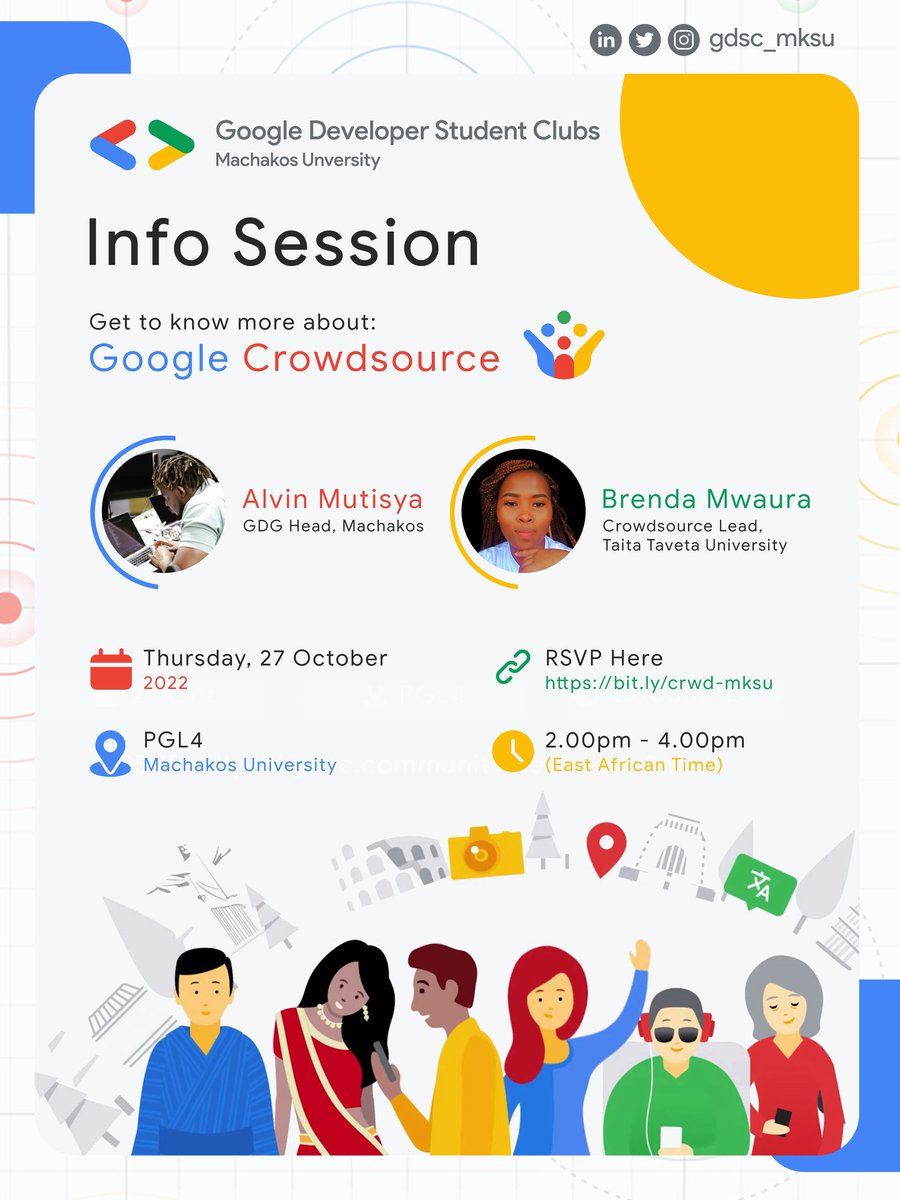 GDGoC_MksU's tweet photo. Heyy! Crowdsource Info Session is scheduled on the 27th of October. We are humbled to have @AlvinMutisya and @_Brendamwaura as our speakers. Get to know what Google crowdsource is all about.
Join us using this link โ
https://t.co/C0HPC4C2S3
Don't be left out๐
#Googlecrowdsource https://t.co/8x2Rh8GK4X