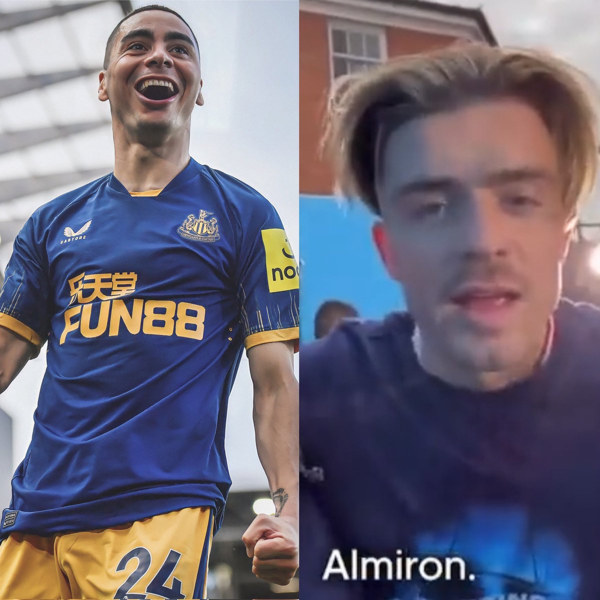 Juezcentral's tweet image. Hace unos meses, en la celebración de Premier, Jack Grealish se burlaba de Mahrez diciendo: "A Riyad sáquenlo de la cancha, que juega como Almirón". Pues el paraguayo llegó hoy a 5 goles en los últimos 5 partidos con Newcastle (más que Grealish en 2 años). Siga, siga, Miguelito.