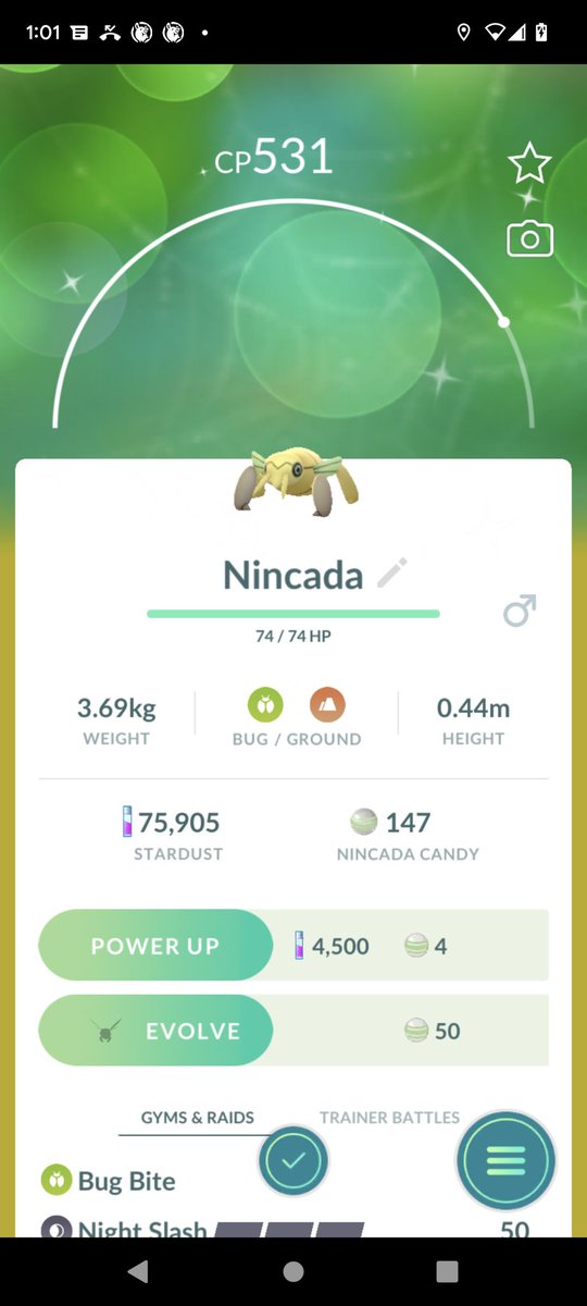 OtakuKing_8's tweet photo. My first #ShinyPokemon from #PokemonGo, and it's a Damned #Nincada, and it's not even good...
#Fuck!!
#Pokemon
#PokemonGoApp
#Shiny
#ShinyHunting
#ShinyNincada
#PokemonGoShiny
#BadShinyPokemon
#FuckMyLife
#NotWhatIAskedFor
#BadStats https://t.co/7cno7oAnCK