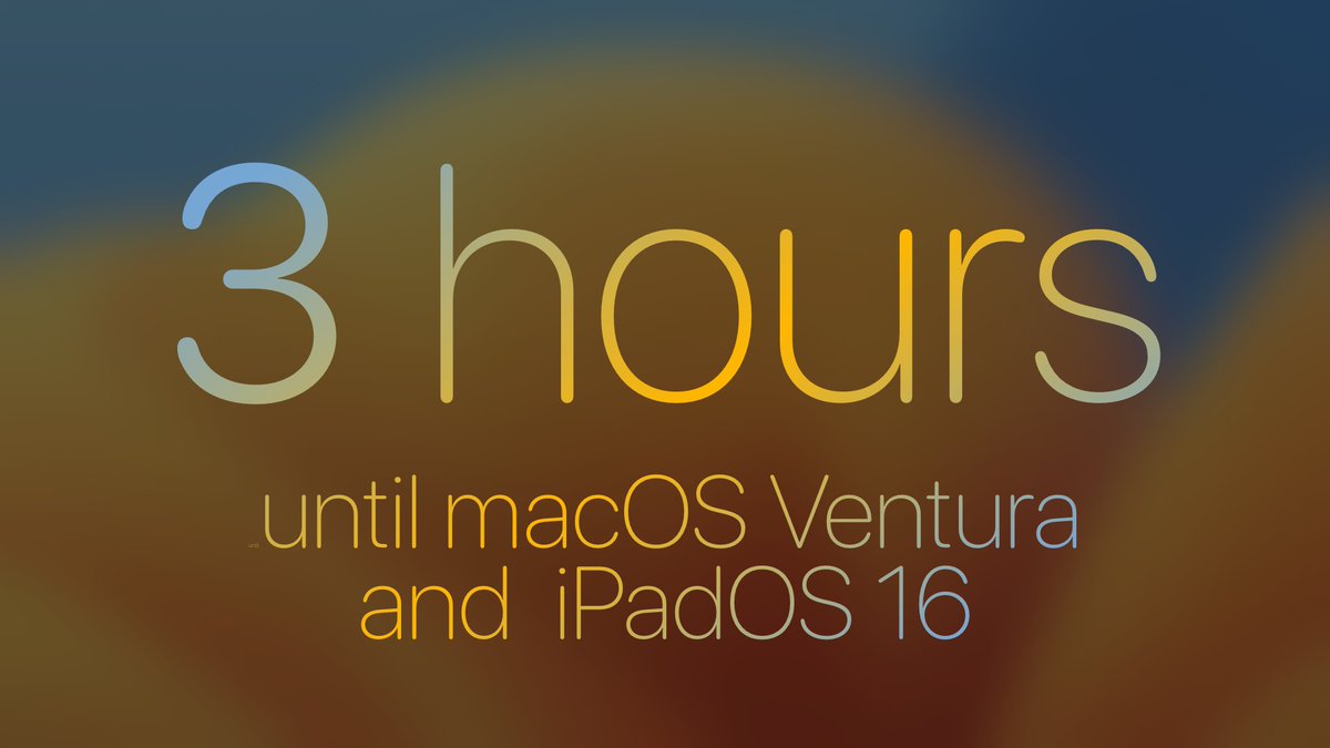 AppleEventTimer's tweet image. macOS Ventura and iPadOS 16 are expected to be released in about 3 hours. 
#AppleEvent