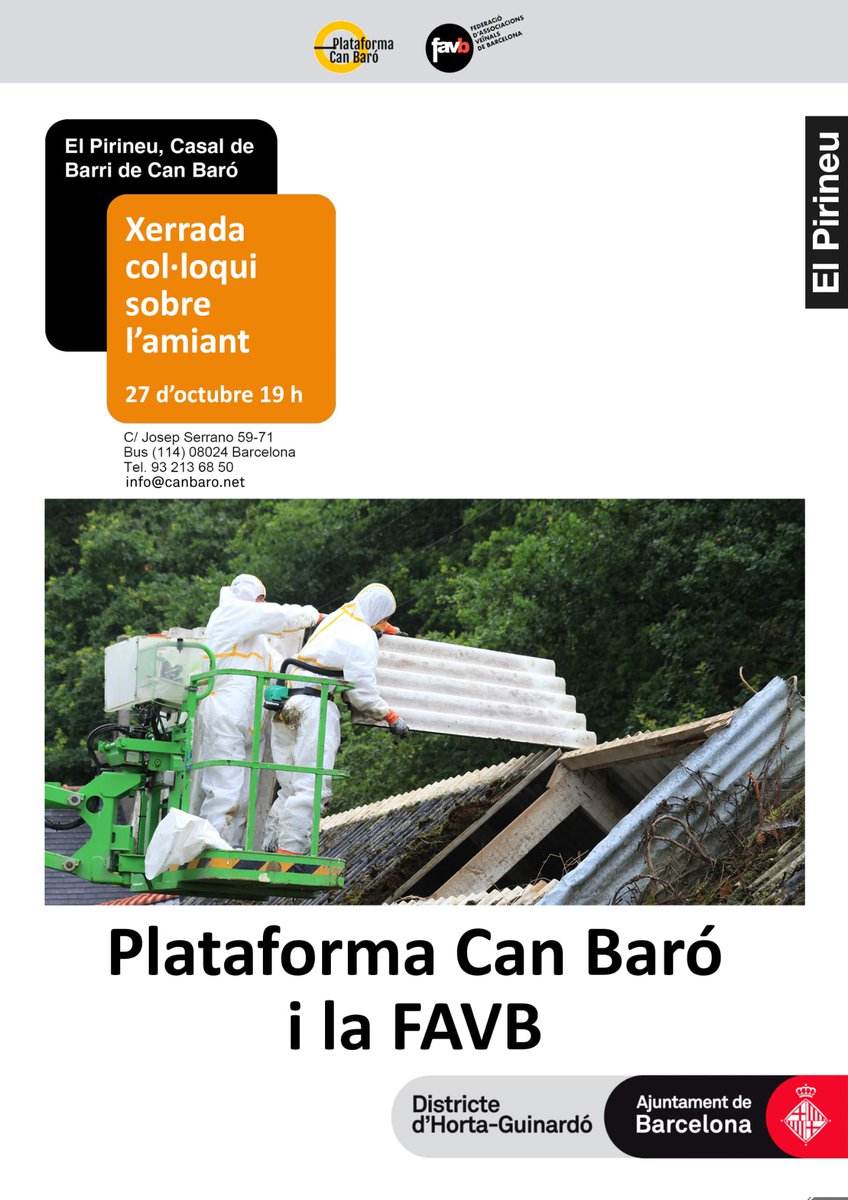AVVBaixGuinardó (@avvbaixguinardo) on Twitter photo Xerrada col·loqui sobre l'amiant.
<a href="/VeinsdeCanBaro/">Plataforma Can Baró</a> <a href="/FAVBcn/">Favb</a>
T'hi esperem!
<a href="/bcn_hg/">Horta-Guinardó</a> <a href="/CoordinadoraHG/">Coordinadora AVV d'HG</a> #amiant #prouamiant Xerrada col·loqui sobre l'amiant.
<a href="/VeinsdeCanBaro/">Plataforma Can Baró</a> <a href="/FAVBcn/">Favb</a>
T'hi esperem!
<a href="/bcn_hg/">Horta-Guinardó</a> <a href="/CoordinadoraHG/">Coordinadora AVV d'HG</a> #amiant #prouamiant