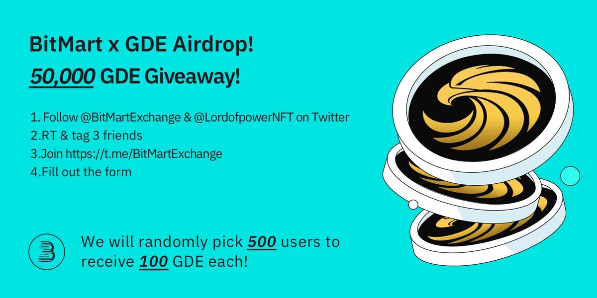 🎉To celebrate $GDE primary listing, we’re giving away 50,000 GDE to 500 lucky winners!!!🤑🤑🤑

1. Follow <a href="/BitMartExchange/">BitMart</a> &amp; <a href="/LordofpowerNFT/">Lord of Power</a> 
2. RT and tag 3 friends
3. Join t.me/BitMartExchange
4. Fill out this form: forms.gle/RL2B3JhXty2aCm…

⏰Enter by 11:59 PM UTC 10/26