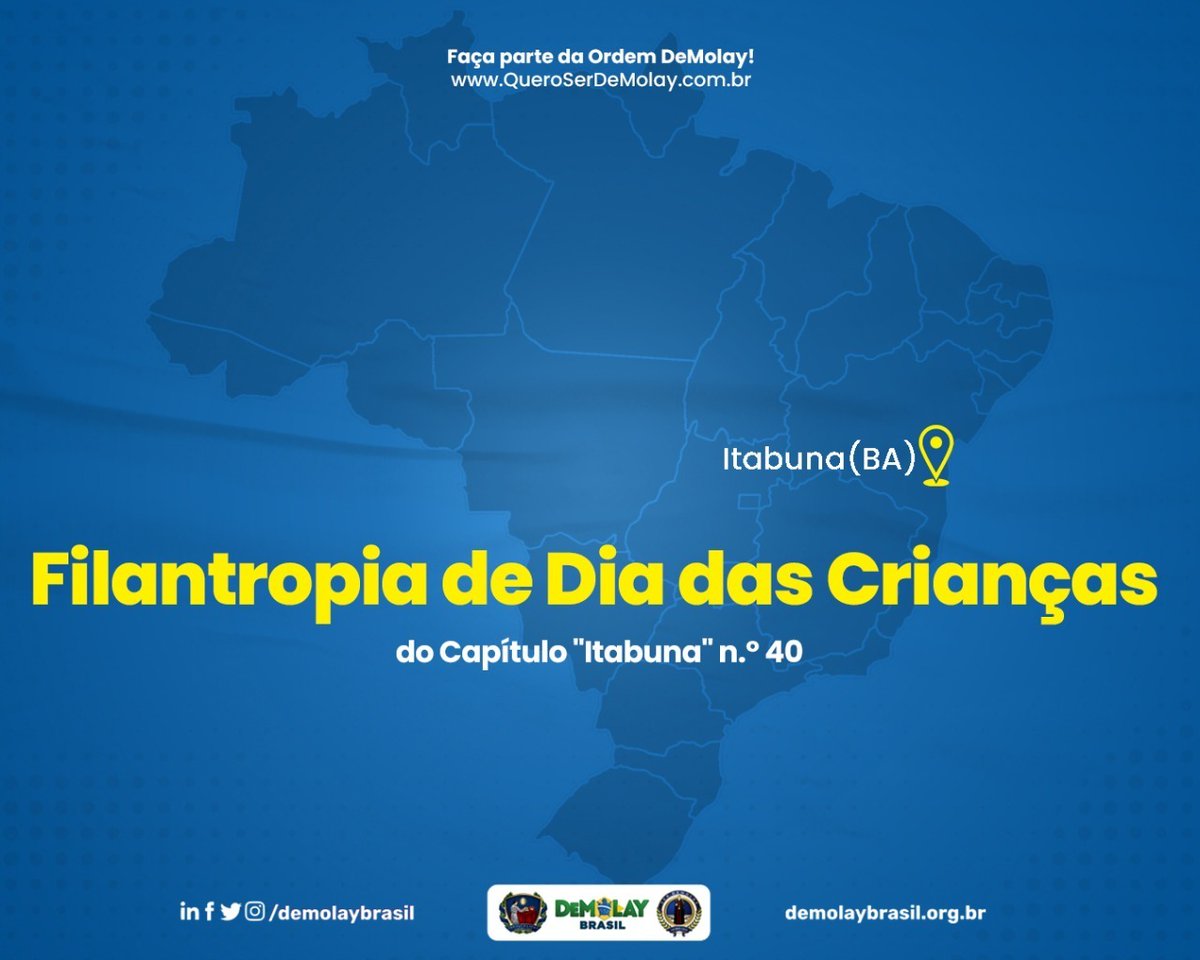 DeMolayBrasil's tweet photo. No dia 12 de outubro, o Capítulo “Itabuna” n.º 40, junto do Rotary Club Itabuna Sul e do Castelo “Terra Grapiúna” n.º 138 da Ordem dos Escudeiros, realizaram uma ação social de Dia das Crianças no Lar Fabiano de Cristo.

O DeMolay Brasil pareniza a todos pelo evento! https://t.co/QGetMUx5i5