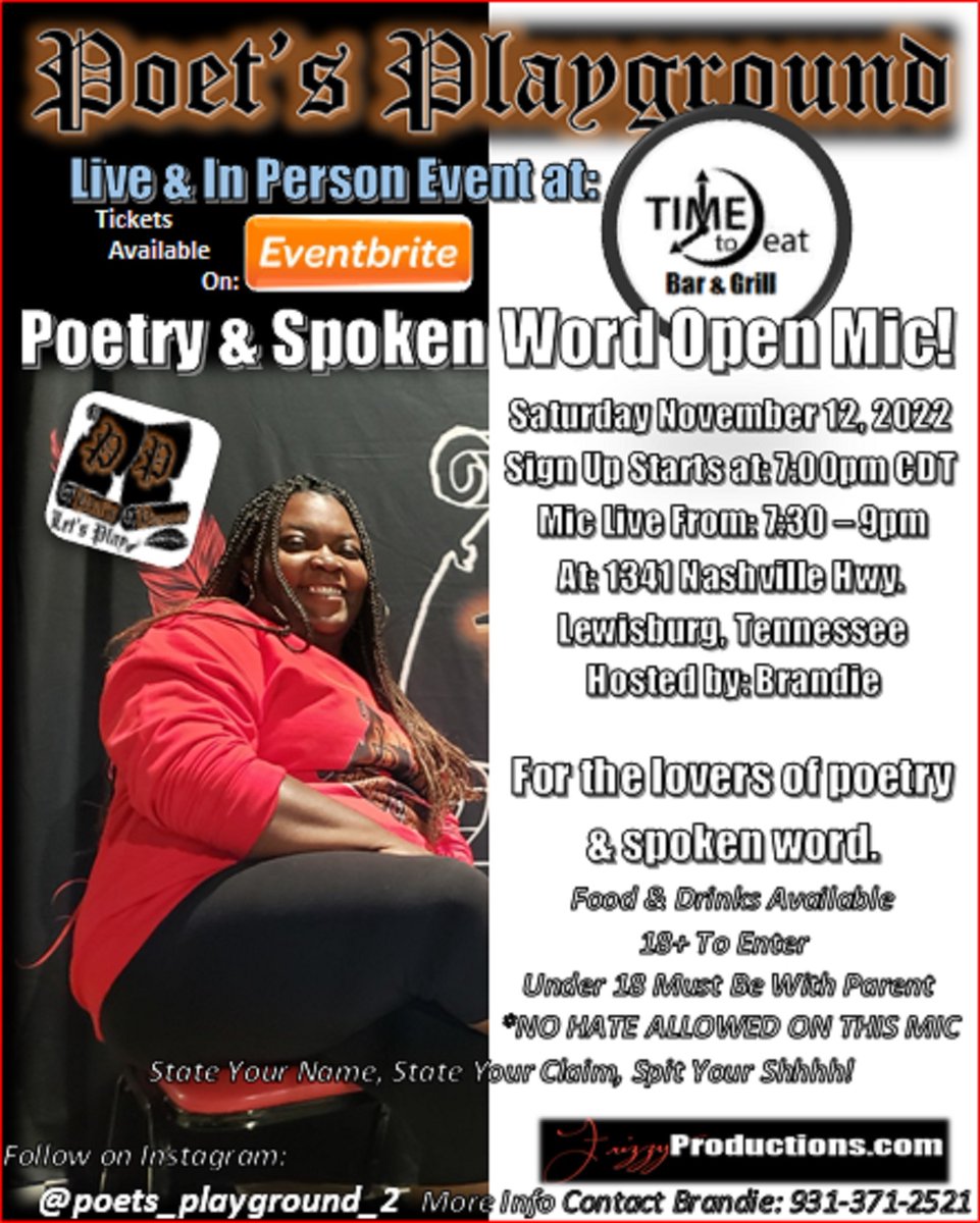 PPByFP's tweet photo. Nashville Tennessee Poetry and Spoken Word Open Mic Event

#nashville #tennessee #poetry #spokenword #openmic #event #show #poetsplayground #poet #writer #author #spokenwordartist #spokenwordpoet #ordernow #shop #tickets #lewisburg https://t.co/9vfJs0Q7wW