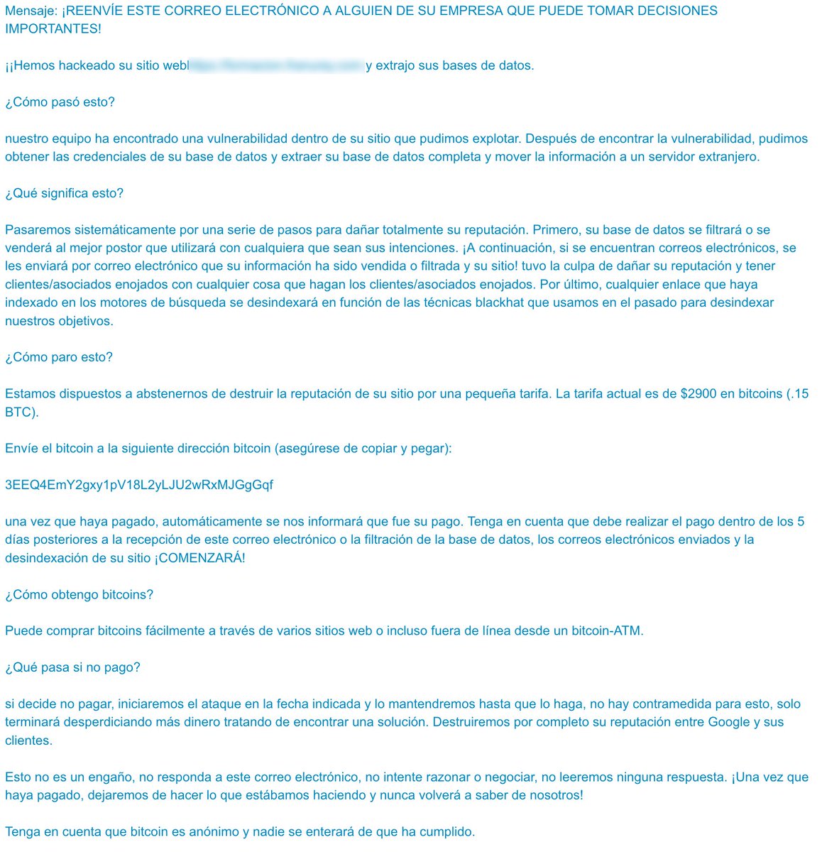 Mensaje recibido por un cliente en tu cuenta de correo. Es claramente un mensaje enviado a través del formulario de contacto de su web pero...
¿#Hackeo o estafa para los más temerosos? #Wordpress