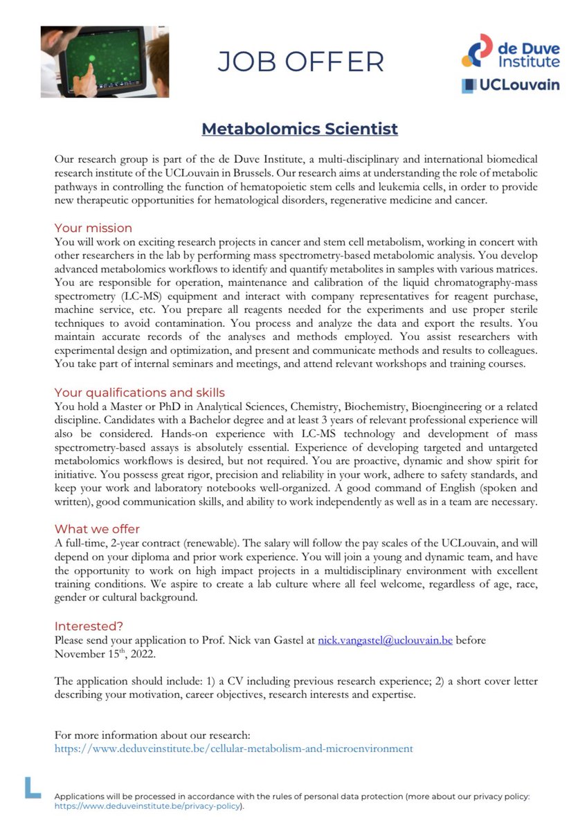 nickvangastel's tweet photo. We are hiring! If you are interested in metabolomics research, have experience with LC-MS workflows and want to use a brand-new nanoLC-Orbitrap MS to help unravel cancer and stem cell metabolism, they apply for an open Scientist position in our lab @deDuveInstitute @UCLouvain_be https://t.co/bESuti4W4H