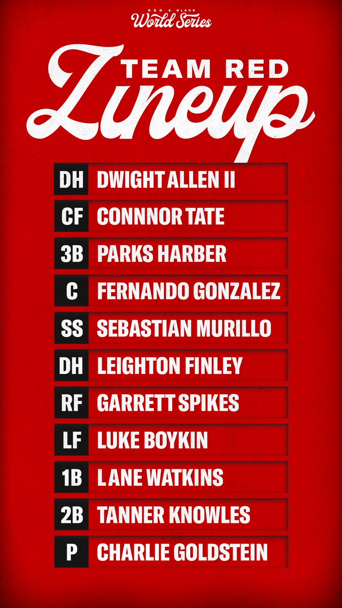 BaseballUGA's tweet photo. Lineups locked in. 
Red &amp; Black World Series Game 3 starts in 5 minutes. 🔴⚫️

Team Red to take the field first as the home team. 
#GoDawgs https://t.co/eWejtUaYsy