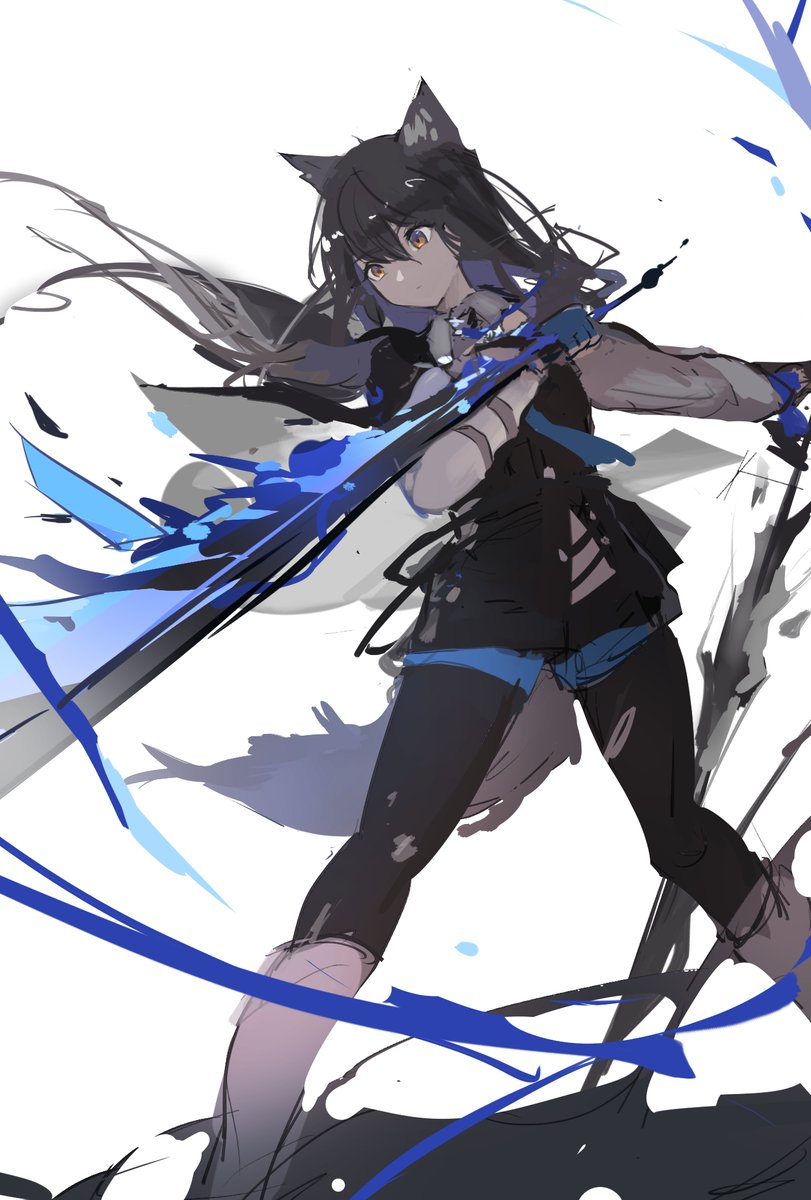 texas (arknights) 1girl solo animal ears weapon holding holding weapon blue shorts  illustration images