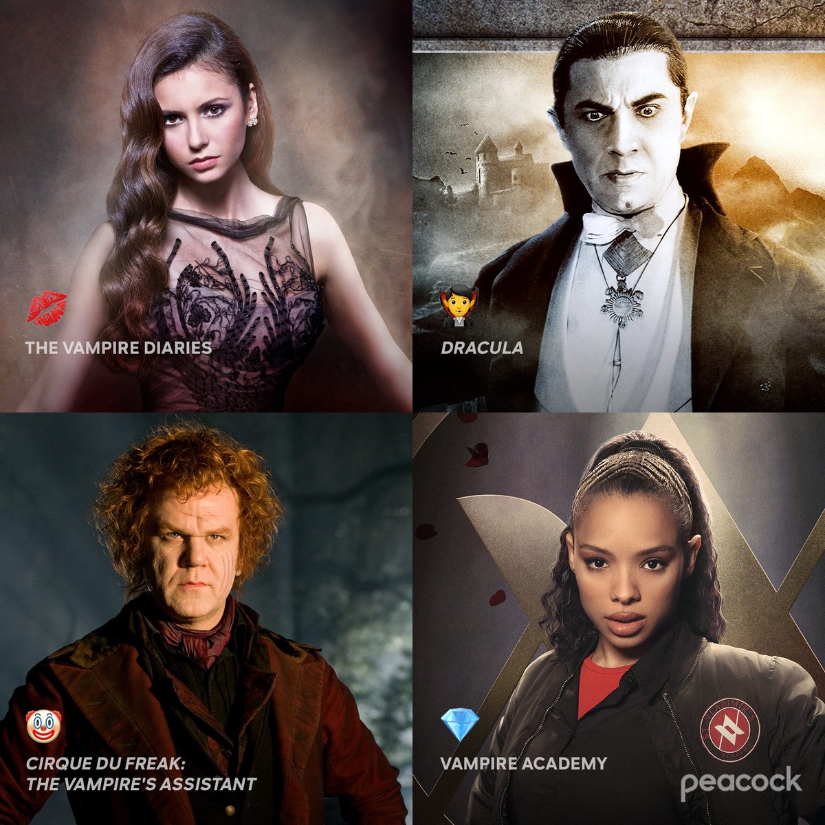 peacock's tweet photo. Vampire fang club, anyone? Speak now or forever hold your peace 👇
 
The Vampire Diaries: 💋
Dracula: 🧛‍♂️
Cirque Du Freak: 🤡
Vampire Academy: 💎 https://t.co/jyIc8lKAfW