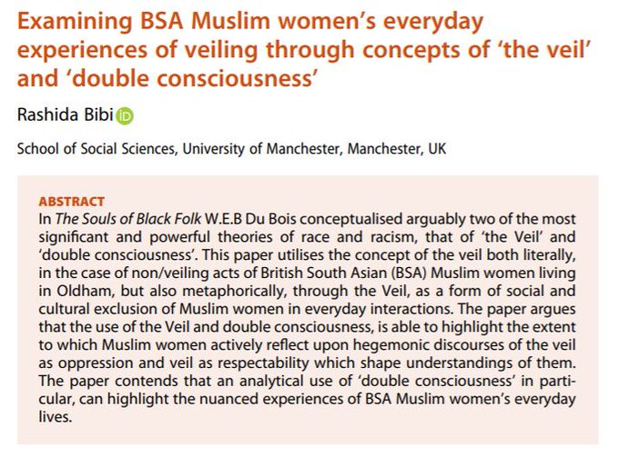 📣 From #Identities' latest issue 29(5): 'Examining BSA #Muslim women’s everyday experiences of veiling through concepts of 'the #veil' and 'double consciousness' By @ribsylu83 @Routledge_Socio @NasarMeer @aaronzwinter #LatestIssue Available at ➡️ doi.org/10.1080/107028…