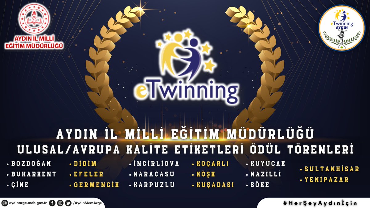 🏆 Müdürlüğümüzün Organize Ettiği 2021 eTwinning Ulusal ve Avrupa Kalite Etiketleri Ödül Törenleri İlçelerimizin Ev Sahipliğinde Eş Zamanlı Olarak Gerçekleştirilmiştir.

📲aydinarge.meb.gov.tr/www/mudurlugum…

<a href="/tcmeb/">Millî Eğitim Bakanlığı</a>
<a href="/mebyegitek/">Yenilik ve Eğitim Teknolojileri Genel Müdürlüğü</a>
<a href="/ValiAKSOY/">Hüseyin AKSOY</a>
<a href="/hlybl03/">Hülya BAL</a>
<a href="/seyfullah0966/">Seyfullah OKUMUŞ</a>
<a href="/mehmetatay09/">mehmet atay</a>
<a href="/tretwinning/">eTwinning Türkiye</a>