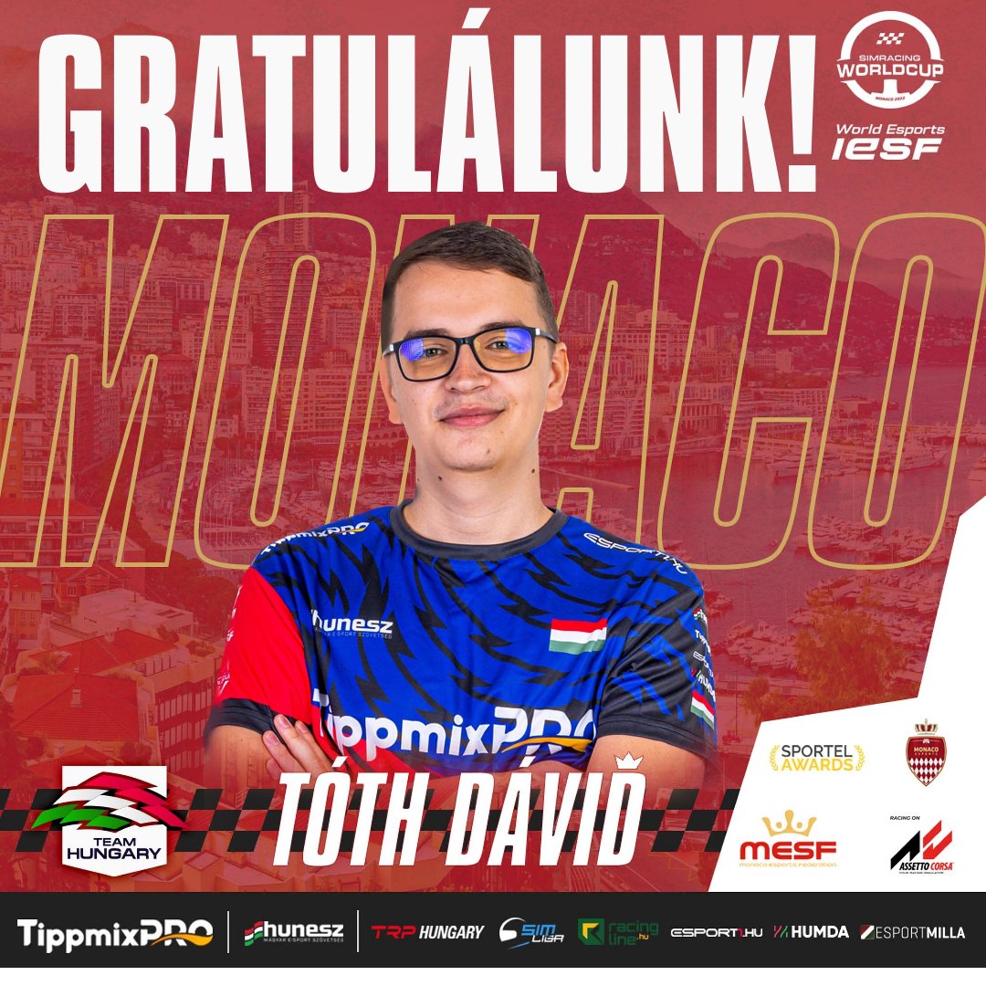 HUNESZ's tweet photo. #AsettoCorsa 🇭🇺
Gratulálunk Tóth Dávid-nak a @monacosrwc Asetto Corsa világbajnokságon elért 3.helyezéséért! 🥉
Köszönjük!
#teamhungary
@tippmixpro @esport1gg #humda @esportmilla @IeSF_Master https://t.co/jhp4P0sssj