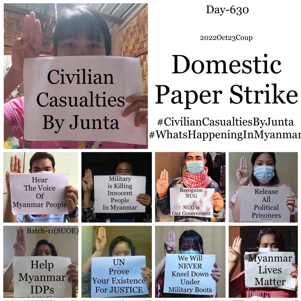 9 CDMer teachers, BEd [Batch-11], from Sagaing University of Education staged an anti-coup revolutionary domestic strike as 630th day without a day off.

#2022Oct23Coup #CivilianCasualtiesByJunta #WhatsHappeningInMyanmar
