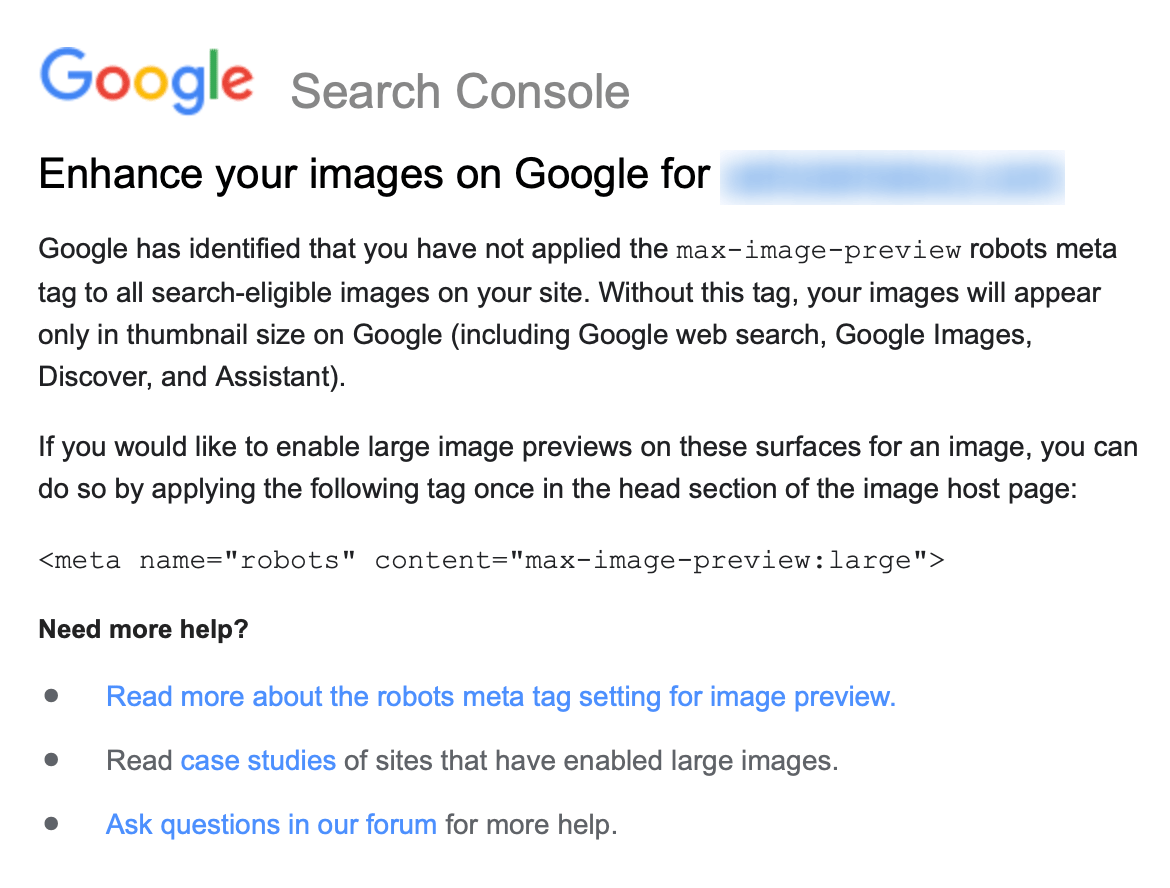 rustybrick's tweet photo. Google Search Console began notices to specify the max-image-preview robots meta tag https://t.co/DumJUvOSO6 https://t.co/KASqku2ZuY