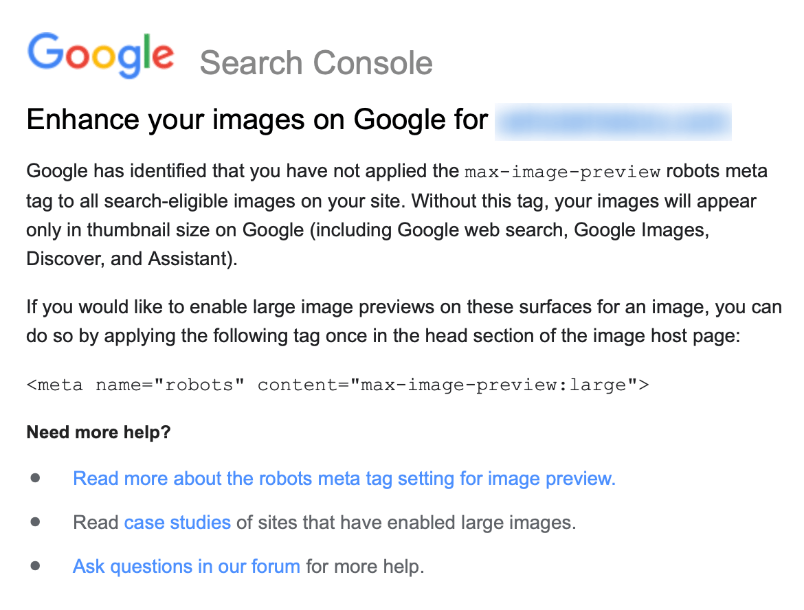 Barry Schwartz on Twitter: "ICYMI: Google Search Console began notices to  specify the max-image-preview robots meta tag https://t.co/DumJUvOSO6  https://t.co/NxtB8vIFHz" / Twitter